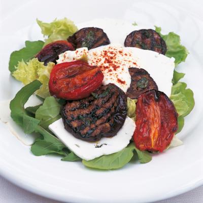 迪莉娅的照片# 039;s Char-grilled茄子和羊乳酪烤西红柿沙拉食谱