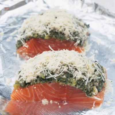 A picture of Delia's Roasted Salmon Fillets with a Crusted Pecorino and Pesto Topping recipe