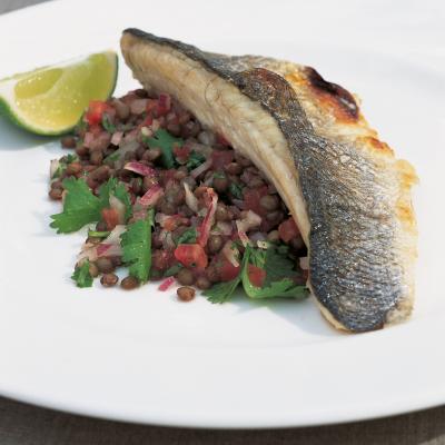 A picture of Delia's Sea Bass with Puy Lentil Salsa recipe