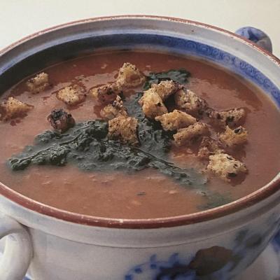 A picture of Delia's Roasted Tomato Soup with Puree of Basil and Olive Croutons recipe