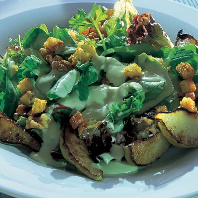 A picture of Delia's Warm Pear and Walnut Salad with Roquefort Dressing and Croutons recipe